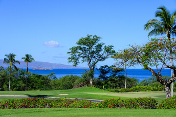 Tropical golf paradise, view of the pacific ocean and putting green on a sunny Hawaiian golf...