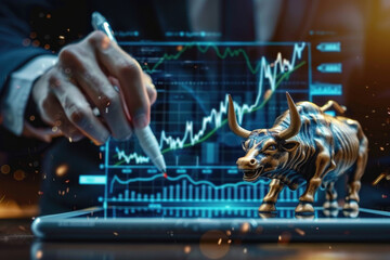 A businessman is drawing an upward trending graph on his tablet screen about the stock market, and he holds a pen in one hand with bull near him against a financial background