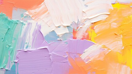 Vibrant and richly textured abstract oil painting, featuring a patchwork of brightly hued strokes in shades of orange, pale pink, mint green, lavender, and yellow on canvas