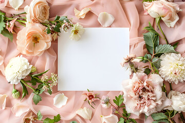 An elegant mockup showcasing a blank wedding invitation and floral arrangement, perfect for presenting stationery designs for wedding planners and designers