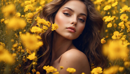 Naklejka premium Close up beautiful model girl in a field of yellow flowers