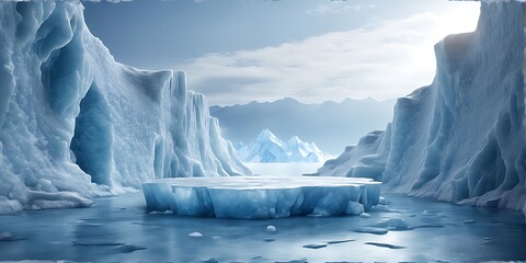 Ice background podium cold winter snow product platform floor frozen mountain iceberg.Podium glacier cool ice background stage landscape display icy stand 3d water nature pedestal arctic concept cave