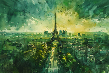 Green watercolor paint of Paris cityscape with the Eiffel Tower