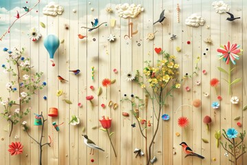 Springtime display with flowers, trees, birds, and outdoor activities on a rustic wooden backdrop.