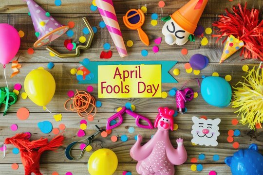 April Fools' Day Celebration with Prankster's Toolkit and Festive Decorations on Wooden Background