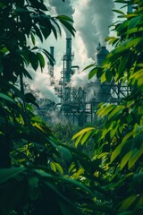 Industrial facility emitting steam framed by vibrant green foliage