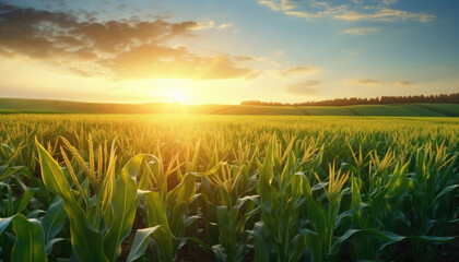 Cornfield landscape with sunrise in the background.