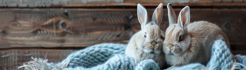 Pair of fluffy bunnies perched on a cozy blue blanket with a wooden plank backdrop