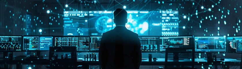 Silhouette of a lone analyst in front of multiple computer monitors in a dark room