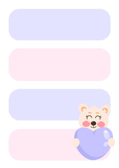 Style note organizer, check list, to do list with kawaii cute white polar bear with purple heart. Printable kids checklist. Scrapbook, diary, page notebook, daily planner. Stationery for children