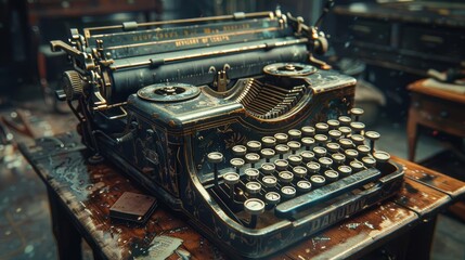 Capture the intricate details of a vintage typewriter, emphasizing its sleek, metallic keys and worn-out letters in photorealistic detail from a low-angle perspective