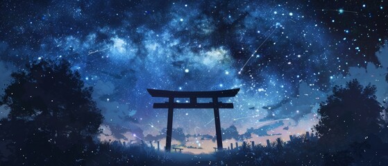 Star-studded sky with a picturesque view of a torii gate in a cosmic setting.