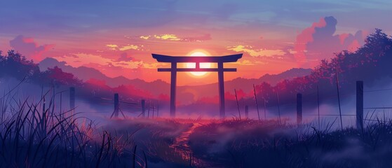 Sunset view through a torii gate over a misty rural landscape.