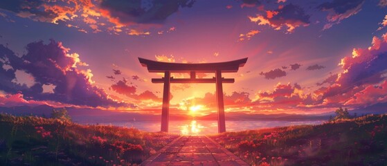 Fototapeta premium Golden sunset over a tranquil lake with a torii gate surrounded by lush flora.