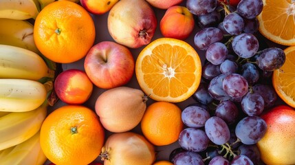Fresh ripe colorful organic fruits from market: apple and orange, grapefruit and banana, grape and apricot; healthy fruit background