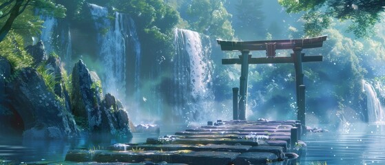 Sunlight filters through a dense forest onto a torii gare and sparkling waterfalls.