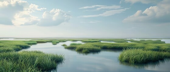 3D landscape of Salt Marsh, capturing the unique coastal ecosystem in solid color, banner template sharpen with copy space