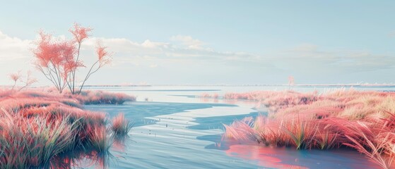 3D landscape of Salt Marsh, capturing the unique coastal ecosystem in solid color, banner template sharpen with copy space