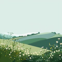 Abstract green landscape of Meadow, dotted with wildflowers, in minimal styles, banner sharpen with copy space