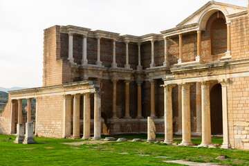 Corinthian style columns at gymnasium in antique lydian city Sardis, Salihli, Turkey