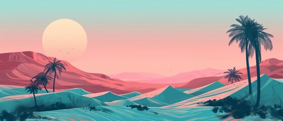 Amazing landscape view of Oasis, evoking a serene desert mirage in retro color, banner template sharpen with copy space