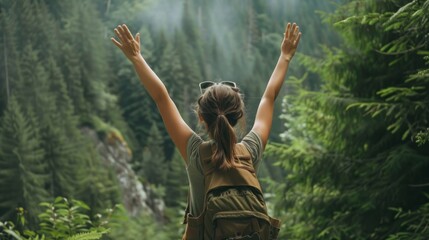 traveler woman with open arms in nature