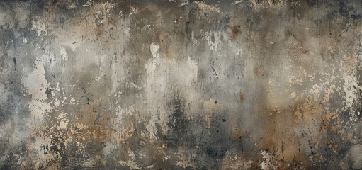 Panoramic high-resolution image of a grungy, rusty metal wall with peeling paint, showcasing a blend of browns, greys, and whites ideal for backgrounds or graphic design