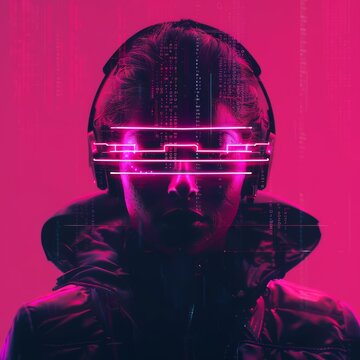 Amazing of a web developer with Glow HUD big Icon of code brackets, programming in a futuristic cyber environment, isolated on solid color background, in synth wave styles
