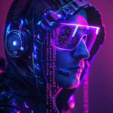 Amazing of a web developer with Glow HUD big Icon of code brackets, programming in a futuristic cyber environment, isolated on solid color background, in synth wave styles