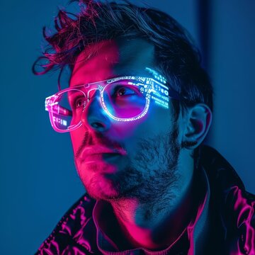 Amazing of a web developer with Glow HUD big Icon of code brackets, programming in a futuristic cyber environment, isolated on solid color background, in synth wave styles