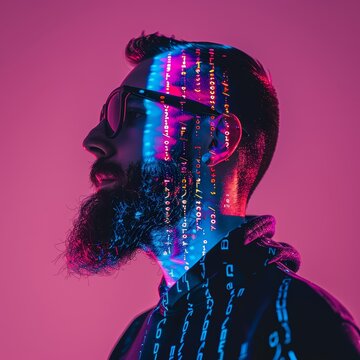 Amazing of a web developer with Glow HUD big Icon of code brackets, programming in a futuristic cyber environment, isolated on solid color background, in synth wave styles