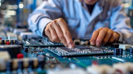 Fototapeta premium A factory worker testing a circuit board. The worker is using a variety of test equipment to ensure that the board is working properly. The worker is careful and meticulous