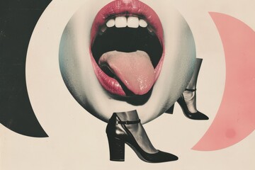 Minimalistic collage art of an open mouth with pink lips and white teeth, the tongue is sticking out on shoes. Shopaholic concept