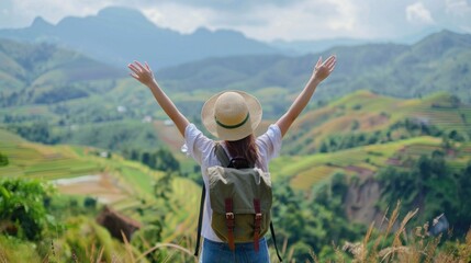 Traveler woman with open arms in nature watching a beautiful landscape in Latin America during the day in high resolution and high quality. travel concept, journey, woman, waterfall, nature, forest HD