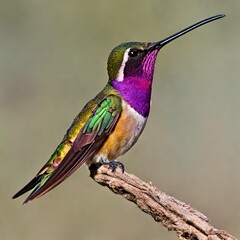 Fototapeta premium Beautiful humming bird on the sitting branch close up 