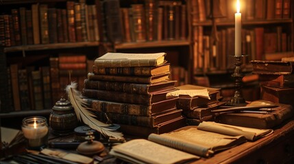 A stack of old books on a table in a study. The books are surrounded by inkwells, quills, and other writing implements. A candle is burning on the table, providing the only light.