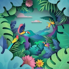 Fantasy landscape of Tropical Rainforest, teeming with vibrant biodiversity, in paper cut styles, kawaii template sharpen with copy space