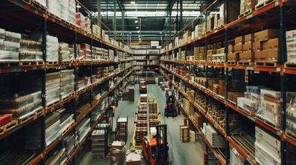 A wide shot of a warehouse. The warehouse is filled with shelves of products. The workers are using forklifts to move the products around.