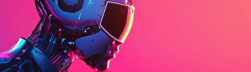 Neon style of robot, exploring a world where technology meets nature in a synthwave color, banner sharpen with copy space