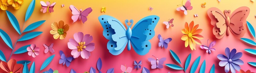 Paper art and craft style of a vibrant butterfly garden, captured in solid color, perfect as a kawaii template sharpen with copy space