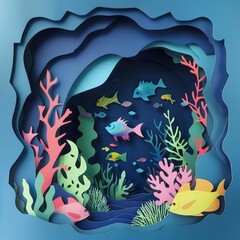 Paper cut design of a deepsea adventure, using solid color to highlight the underwater beauty, as a kawaii template sharpen with copy space