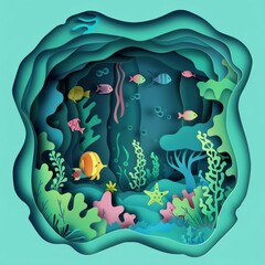 Paper cut design of a deepsea adventure, using solid color to highlight the underwater beauty, as a kawaii template sharpen with copy space