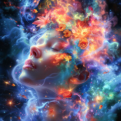 Surreal portrait of a woman encompassed by a cosmic explosion of flowers, stars, and vibrant nebula-like colors.