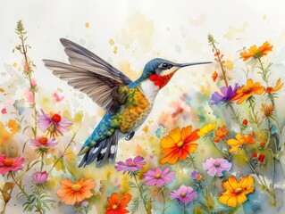 Delicate watercolor painting of a hummingbird hovering over vibrant, splash-painted flowers, blending realism with abstract art.