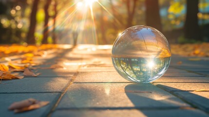 Crystal ball resting on a sunlit cobblestone path surrounded by autumn leaves.