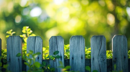Serene garden scene with sunlit wooden fence and lush greenery in early morning.