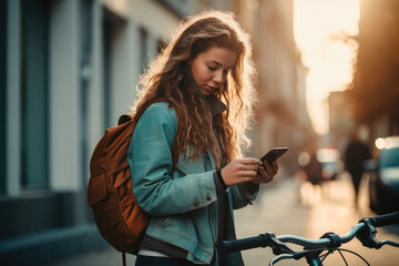 A woman with a backpack and a bicycle is looking at her phone.