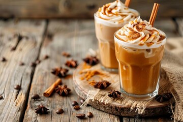 creamy pumpkin spice latte iced coffee drink rustic wooden background food photography