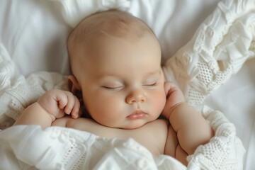 cute newborn baby peacefully sleeping on soft white sheet adorable infant photography