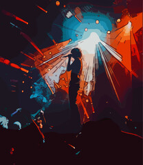 A charismatic rock singer captivates the crowd during an electrifying live concert, bathed in dynamic lighting and surrounded by an enthusiastic audience.